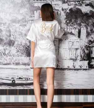 Сатенен Златен Булчински Халат с Бродерия „Bride“