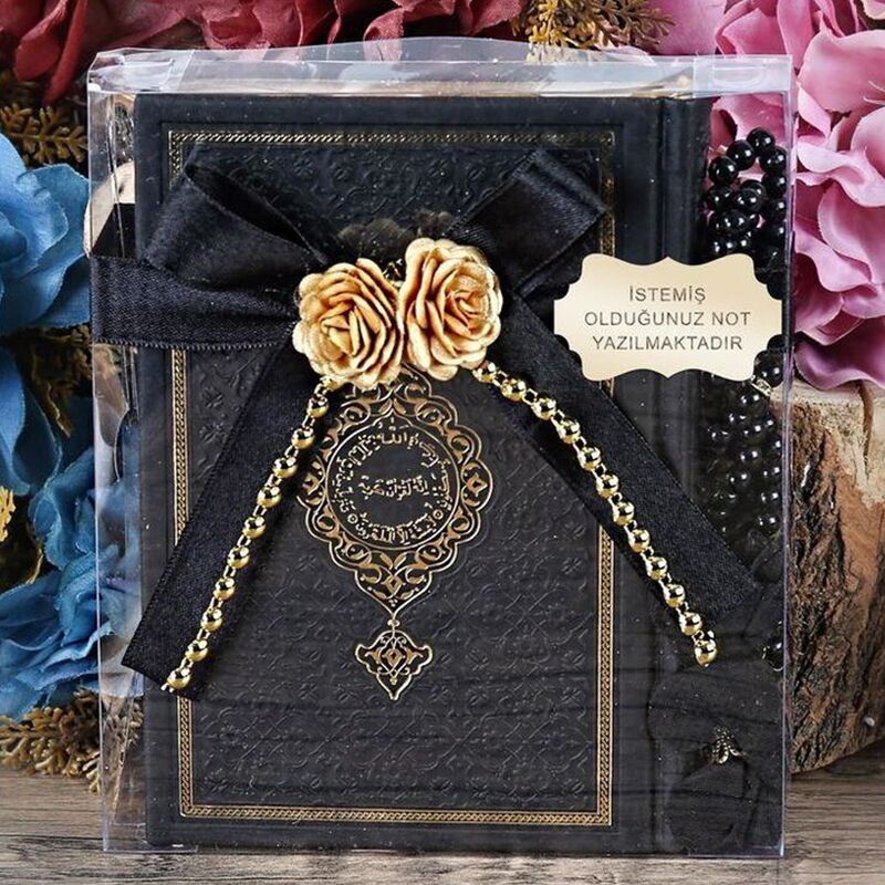 Termo Kur’an-ı Kerim (Çanta Boy), Güllü Tesbih Seti-Siyah