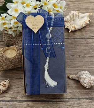 Комплект Дантелен Шал + Перлена Тесбих Тъмносин