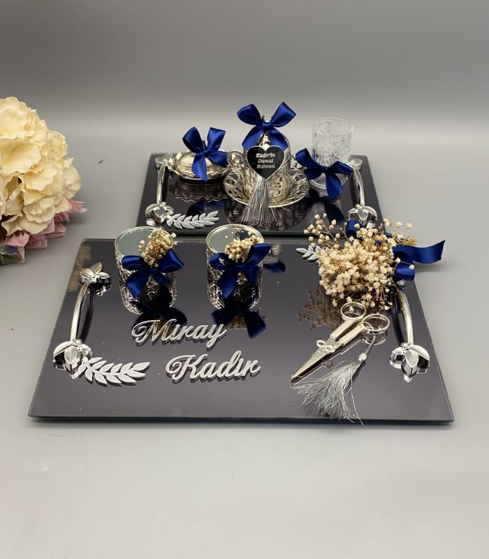 Cam Dikdörtgen Damat Kahve ve Nişan Yüzük Tepsi Seti – Siyah 64