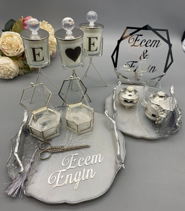 Epoksi Nişan Tepsi Seti Gümüş, Mum Harf ve İsimlik 114