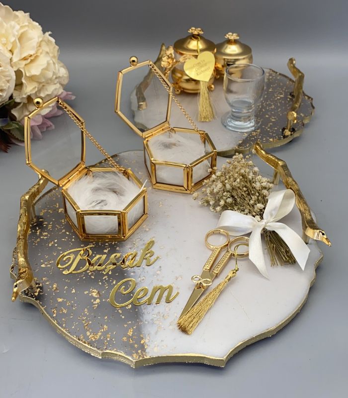 Epoksi Yuvarlak Yüzük ve Damat Kahve Tepsi Seti98