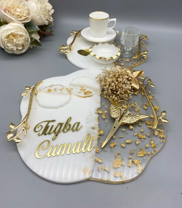 Epoksi Yüzük ve Damat Kahvesi Tepsi Seti – Gold110