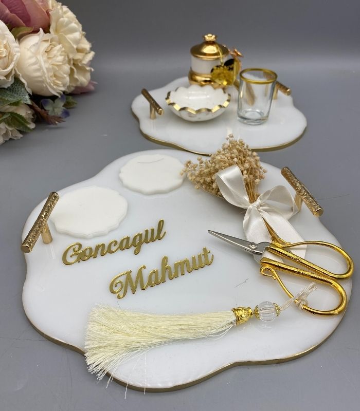 Mermer Söz ve Damat Kave Tepsi Seti Yuvarlak106