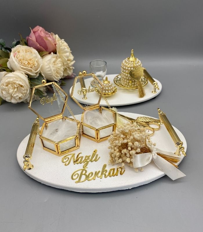 Yuvarlak Polyester Söz ve Damat Kahve Tepsi Seti – Gold95