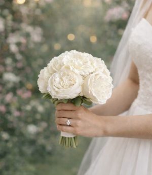 Булчински Букет с Божур и Карамфил и цвете за ревера