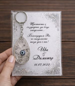 Сребърен Епоксиден Ключодържател със Синьо Мънисто