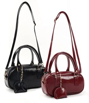 Дамски Комплект От 2 Чанти С Набръчкана Текстура В Черно/Бордо За Ръка, Рамо И Под Мишница